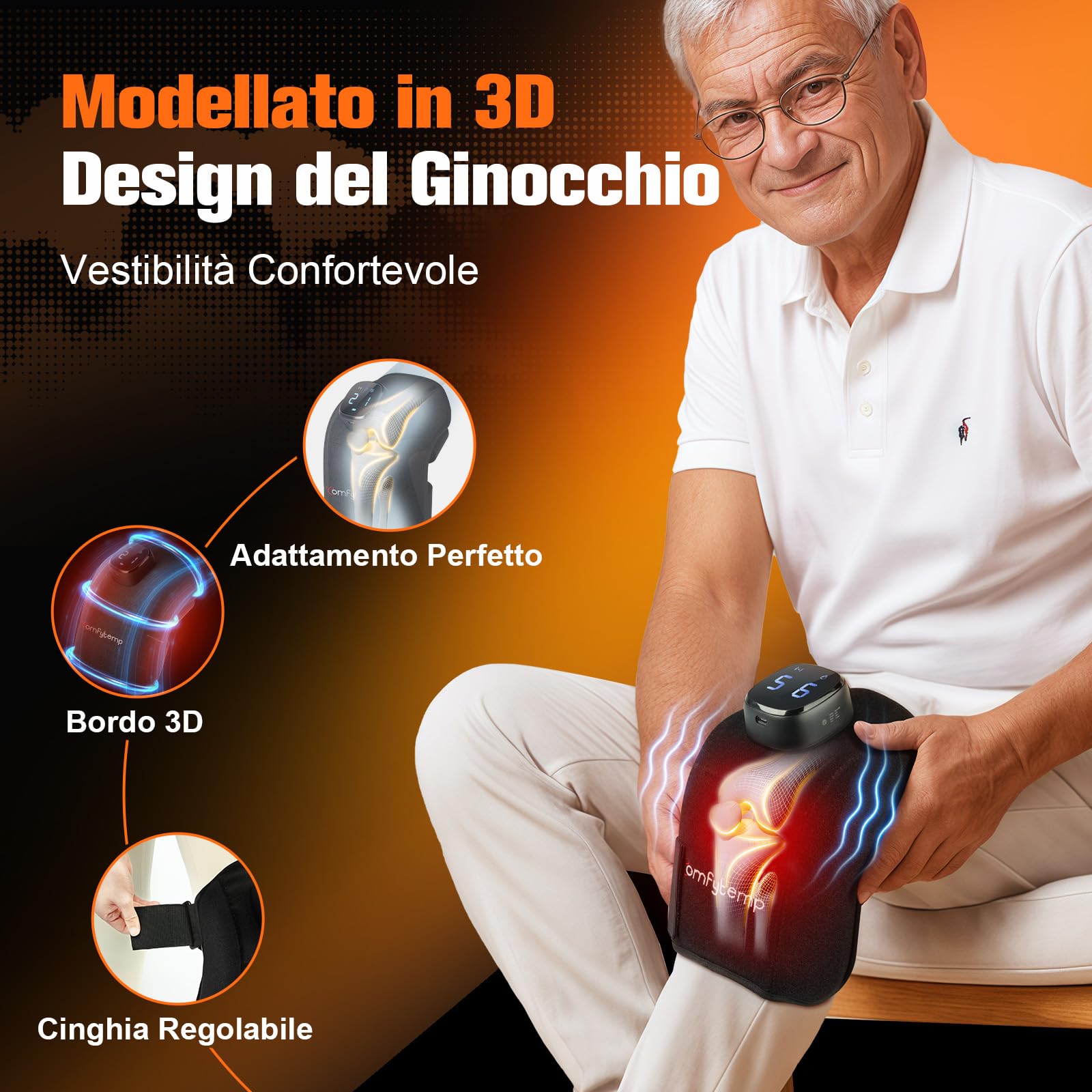 Comfytemp Massaggiatore per Ginocchio Senza Fili con Calore, 9 Livelli di Calore e 5 Vibrazioni, Ginocchiera Riscaldante, Guarnizione Riscaldante 3D Portatile Controllabile via APP
