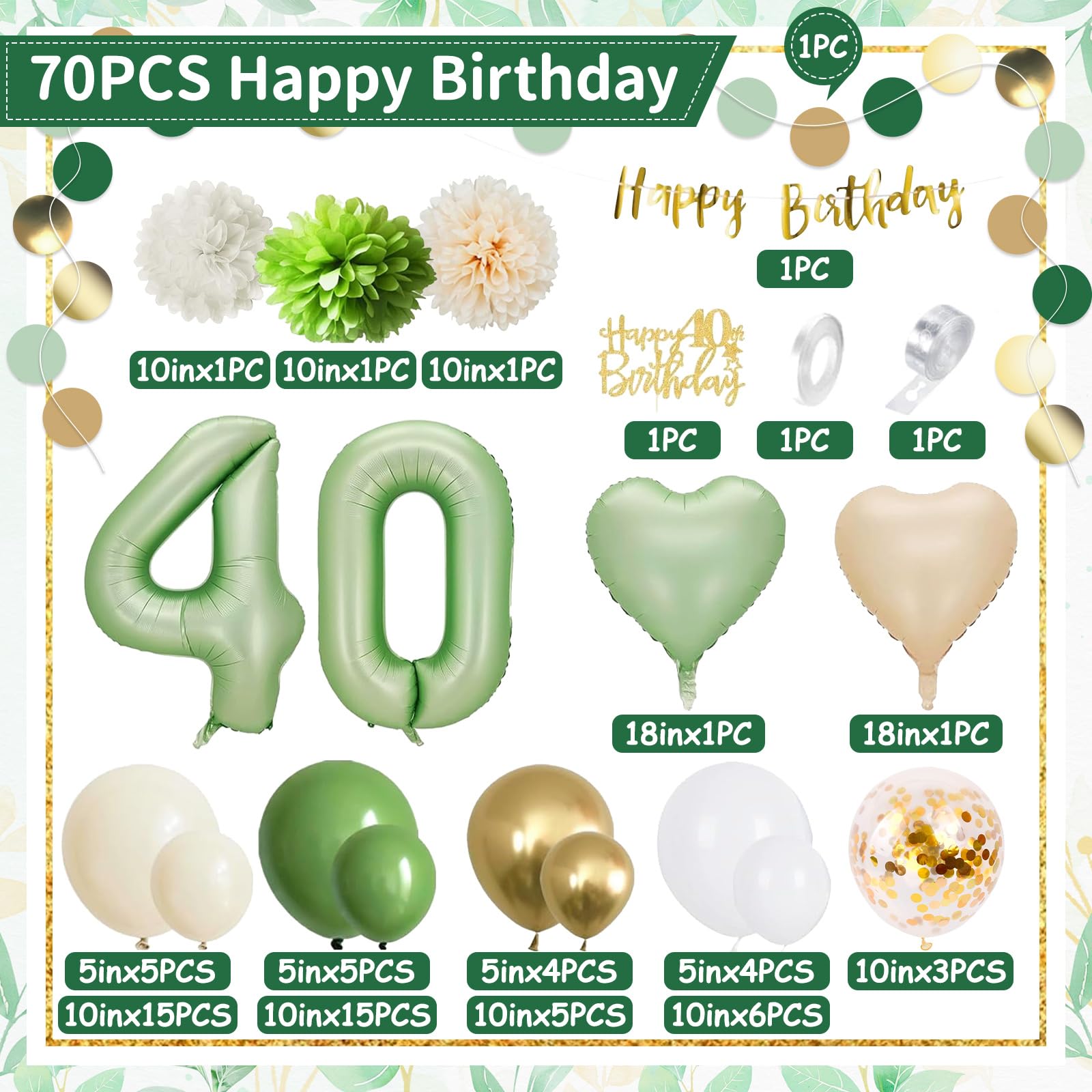 Set Decorazione 40° Compleanno Verde Oro Avocado: Palloncini, Striscione E Topper Per Donna E Uomo