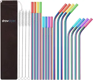 Set of 16 Reusable Stainless Steel Straws with Travel Case, Cleaning Brush, Silicone Tips, Rainbow