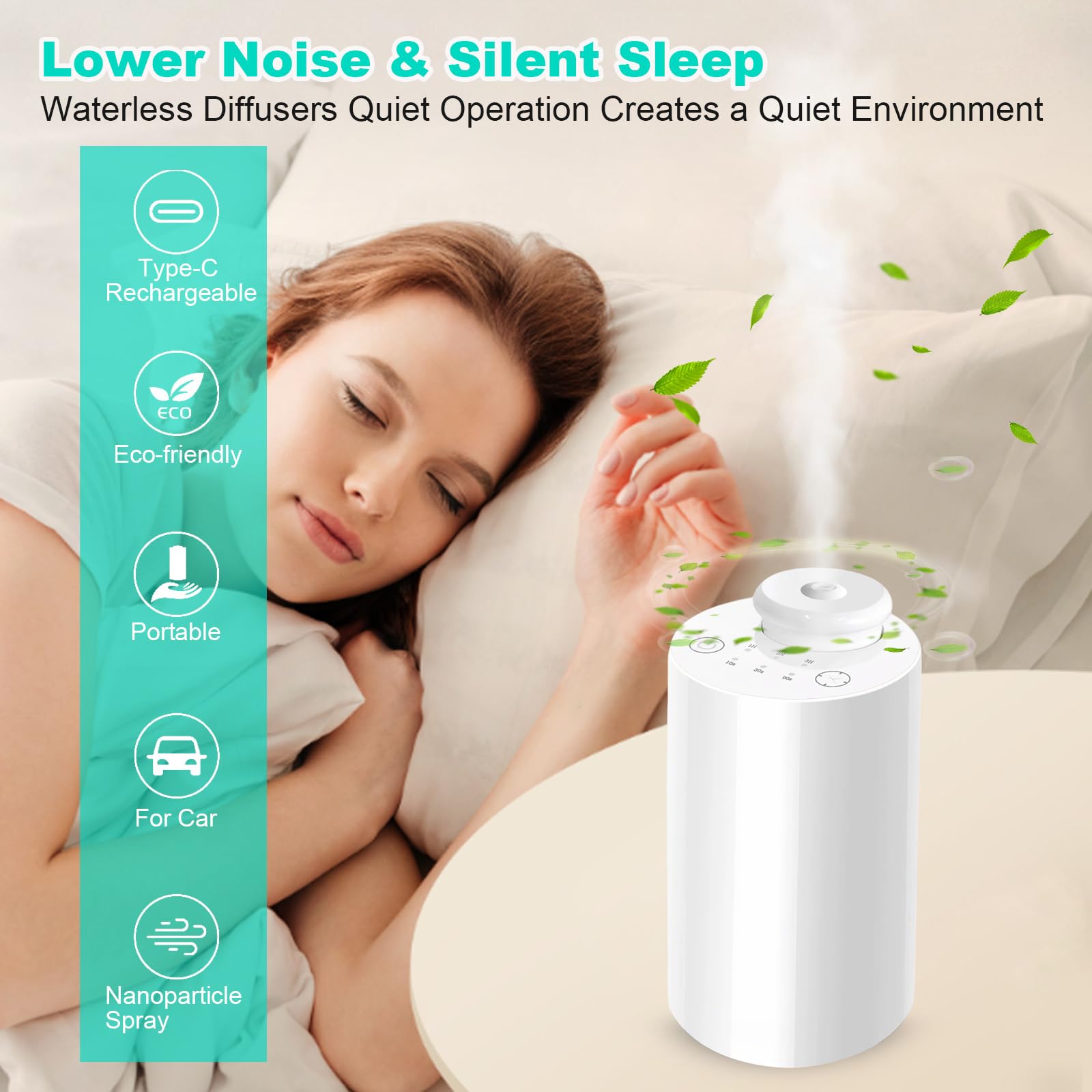 Wasserloser Diffuser, Tragbarer Aroma Diffuser kabellos, USB Wiederaufladbarer Aroma Diffusor 3 Countdown-Timer 3 Nebel Ebene, für Auto Zuhause Büro (Weiß)
