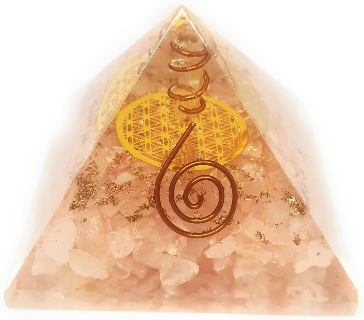 ORGONE Pyramid Rose Quartz with The Flower of Life Symbol,ORGONITE Energy Generator with Crystal Quartz Point & Exquisite Gemstones & Reiki Energy