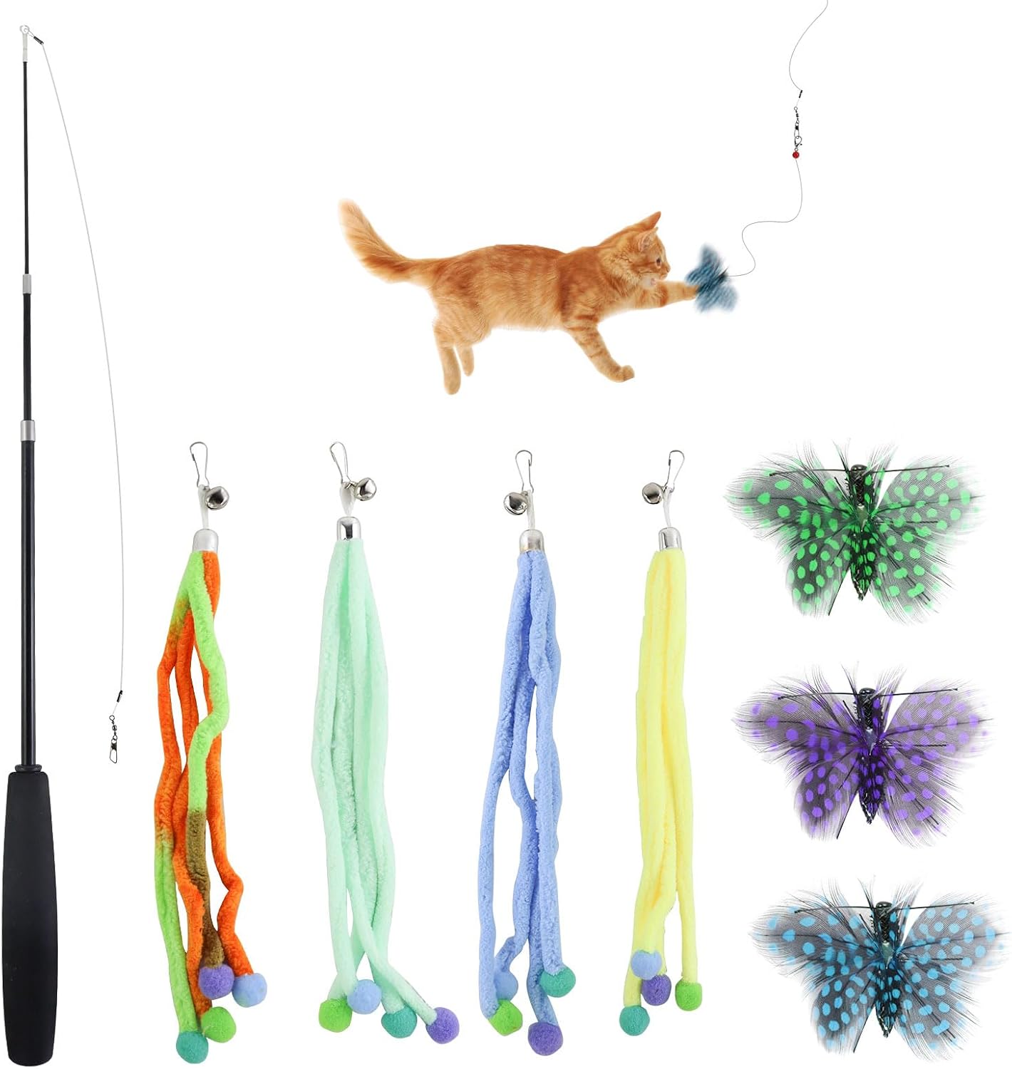 FuninCrea 8 PCS Interactive Cat Wand Toy Set, 1 Retractable Cat Wand & 7 Attachments, Realistic Butterfly Cat Feather Toy Refill Cat Worm Toy with Bell for Indoor Cats & Kittens (8 PCS, Set A)
