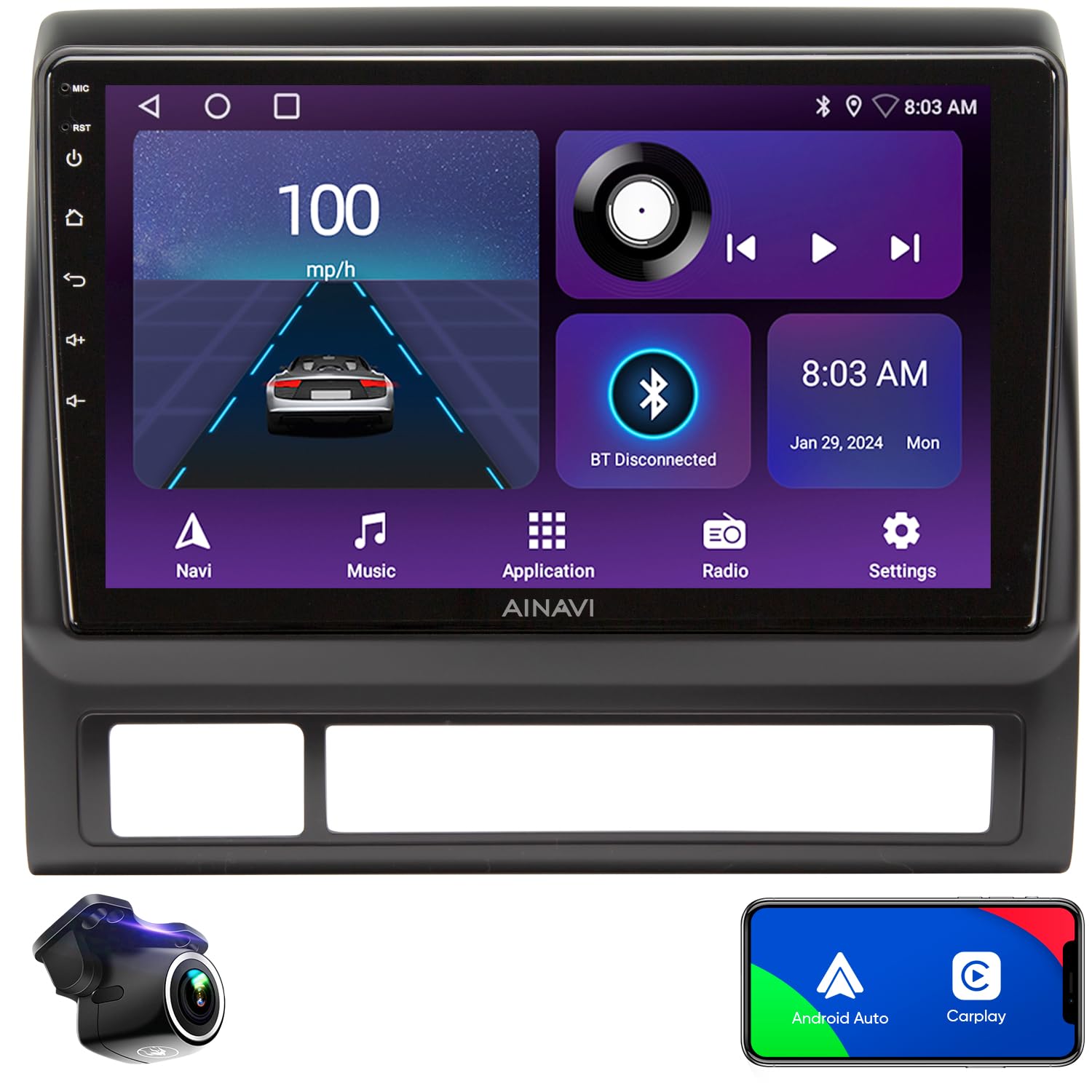 Rearview camera display on the car stereo screen with parking guidelines.