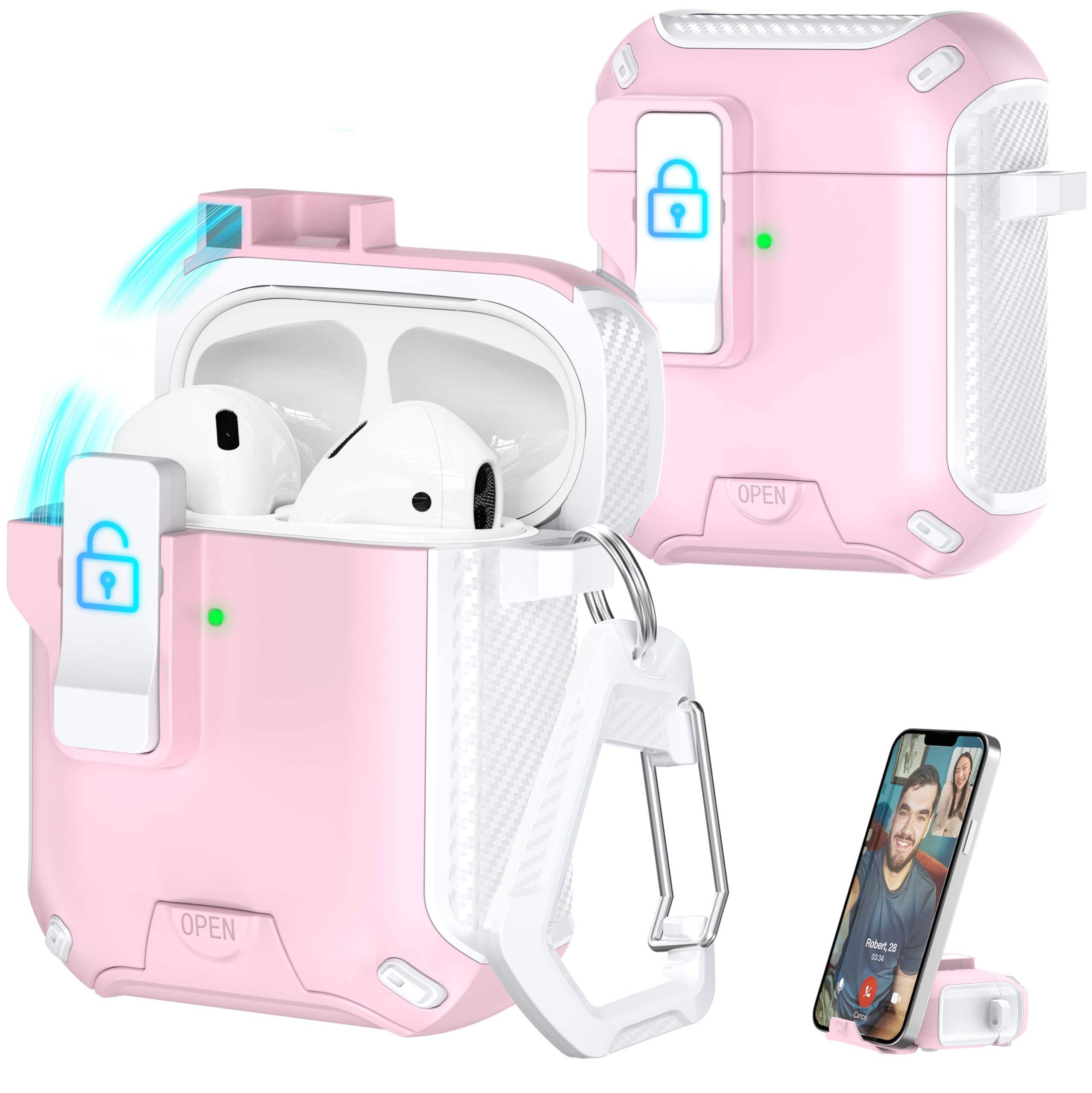 R-fun Compatible AirPods 2nd Generation 2019,1st Gen Headphone Cases, Fully Drop Proof Auto Eject Protective Cover Design, New Charging Port Dust and Stand Design,White+Pink