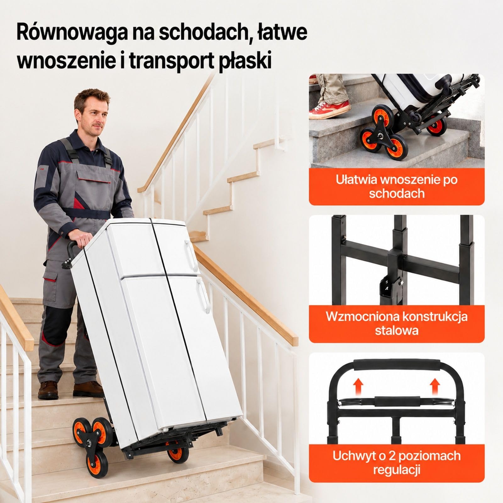 Składany wózek schodowy z teleskopową rączką, rama ze stali węglowej, 6 kółek, 2 pasy napinające, udźwig 100 kg, do domu, na zakupy i do przechowywania