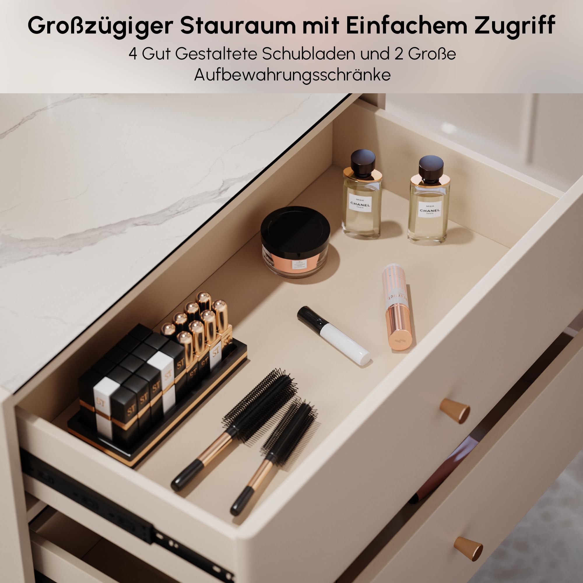 Homary 60 Zoll Insel Schmuckkommode mit Sinterstein & Glasplatte, 2 Schmuckfächern, 4 Schubladen, Türen & Regalen für begehbaren Kleiderschrank