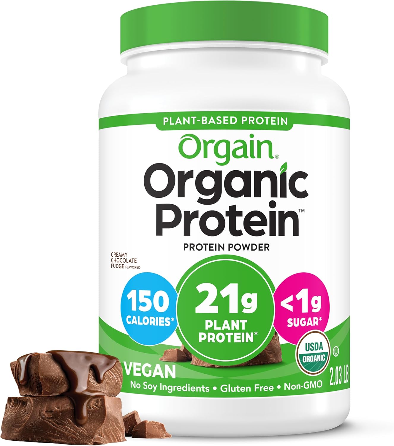 Orgain Organic Vegan Protein Powder, Creamy Chocolate Fudge - 21g Plant Protein, 6g Prebiotic Fiber, Low Net Carb, No Lactose Ingredients, No Added Sugar, Non-GMO, For Shakes &amp; Smoothies, 2.03 lb 