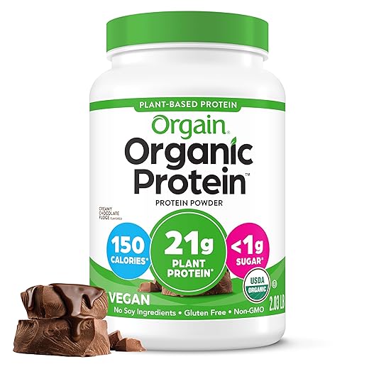 Orgain Organic Vegan Protein Powder, Creamy Chocolate Fudge - 21g Plant Based Protein, Gluten Free, Dairy Free, Lactose Free, Soy Free, No Sugar Added, Kosher, For Smoothies & Shakes - 2.03lb