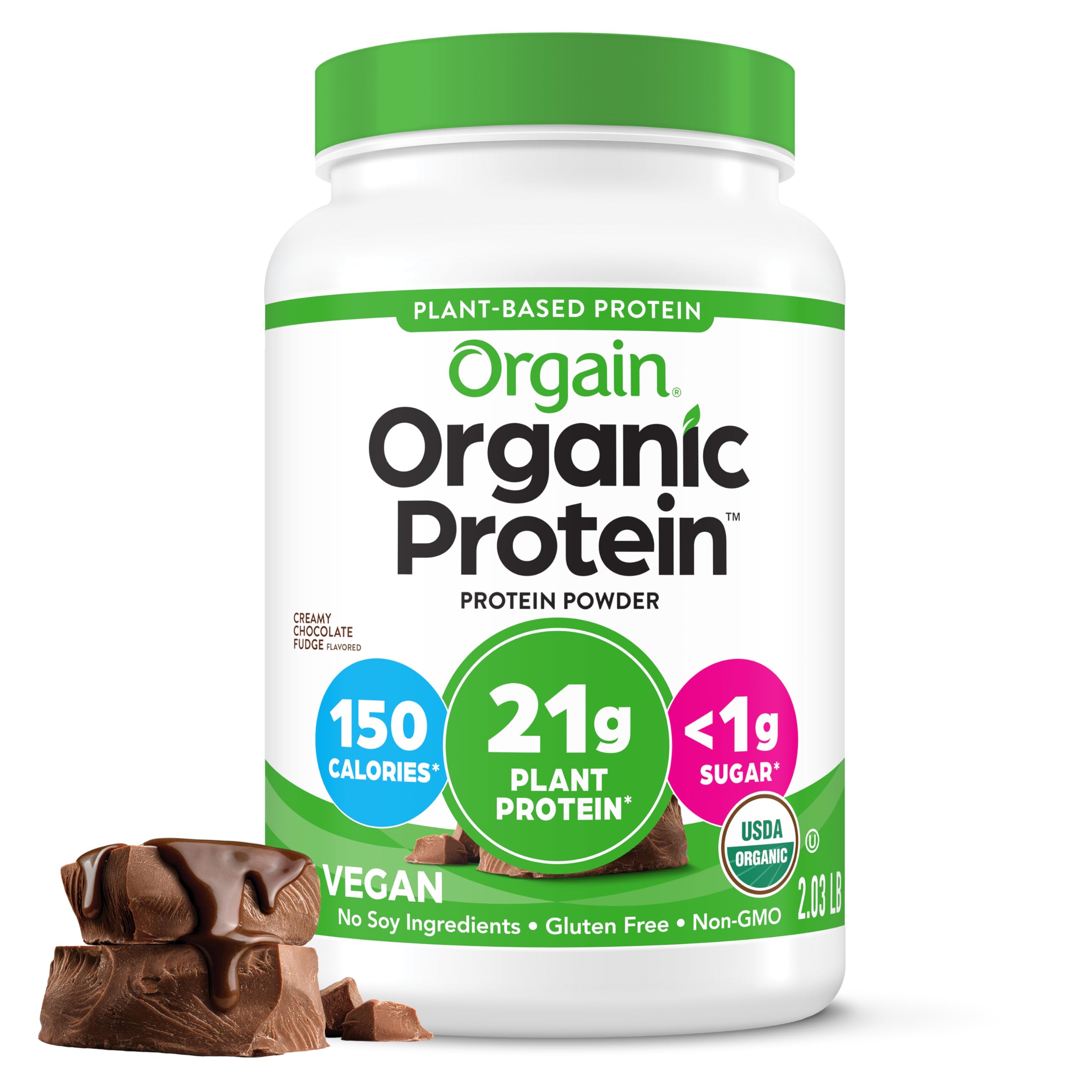 Orgain Organic Vegan Protein Powder, Creamy Chocolate Fudge - 21g Plant Protein, 6g Prebiotic Fiber, Low Net Carb, No Lactose Ingredients, No Added Sugar, Non-GMO, For Shakes & Smoothies, 2.03 lbUSDA Organic