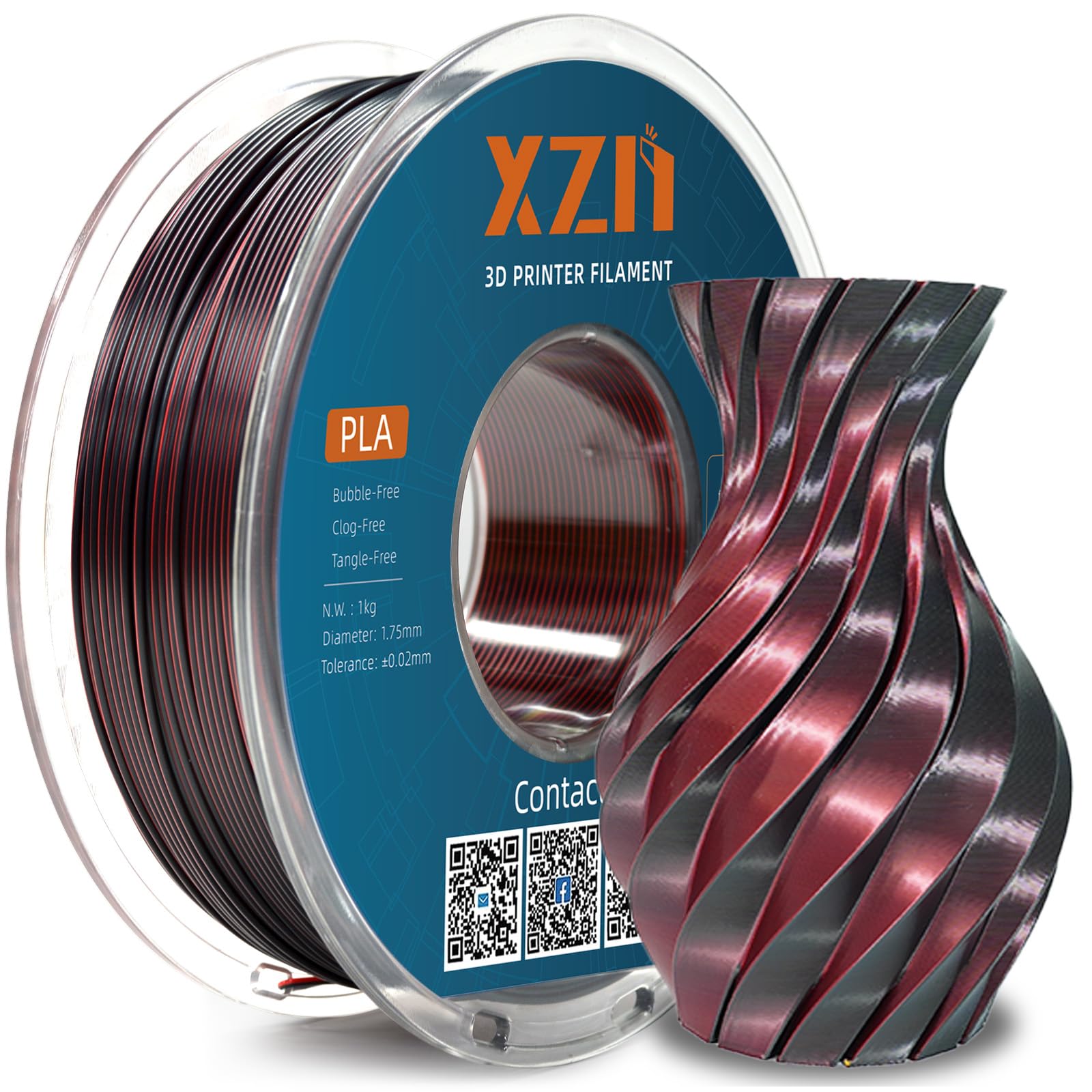 Silk PLA Filament 1.75mm Dual Color Black Red 1KG, Metal-Like Shiny 3D Printer Filament, Precision ±0.02mm, Neatly Wound, No Clog/Bubble, Durable, Excellent Layer Adhesion, Fits Most FDM Printers