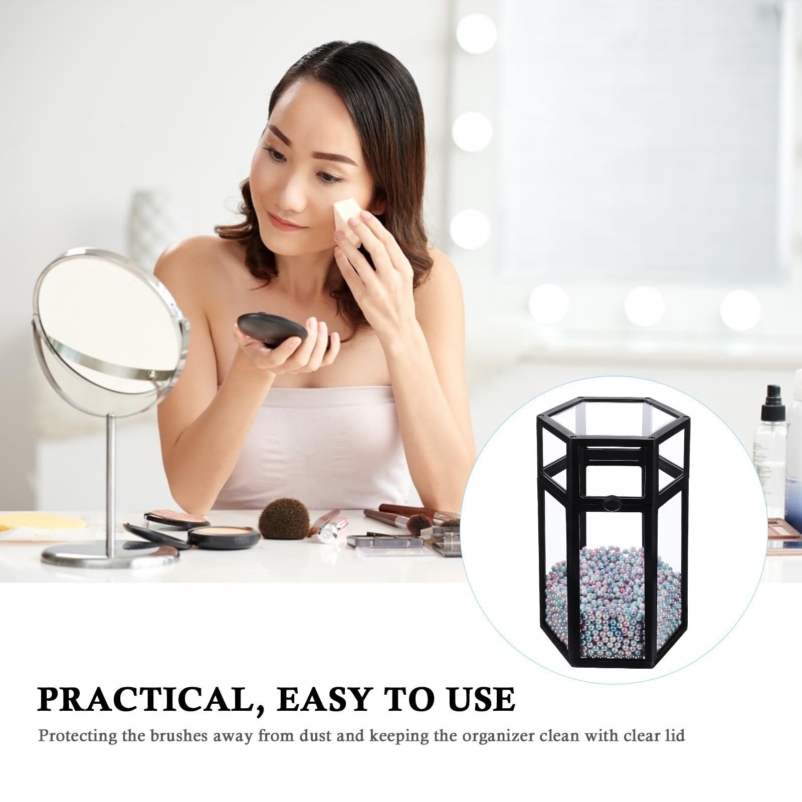 Caja Hexagonal de Maquillaje de Almacenamiento de Brochas de Vidrio Negro