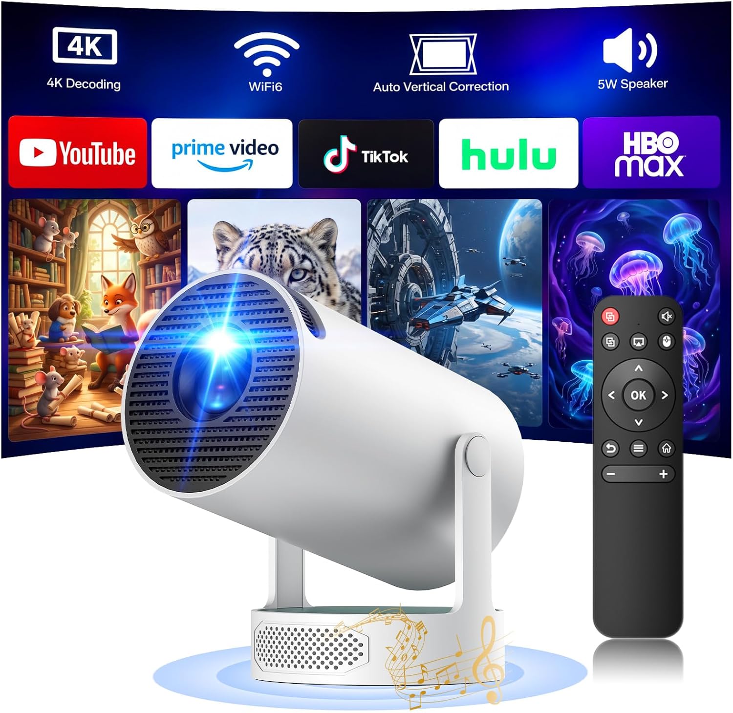 Mini Projector, Short Throw Projector Support 4K WiFi 6 Android TV 11.0, Portable Bluetooth Projectors with Auto Keystone, 220° Rotation, Built-in Speaker for Bedroom Home Theater Outdoor Movies