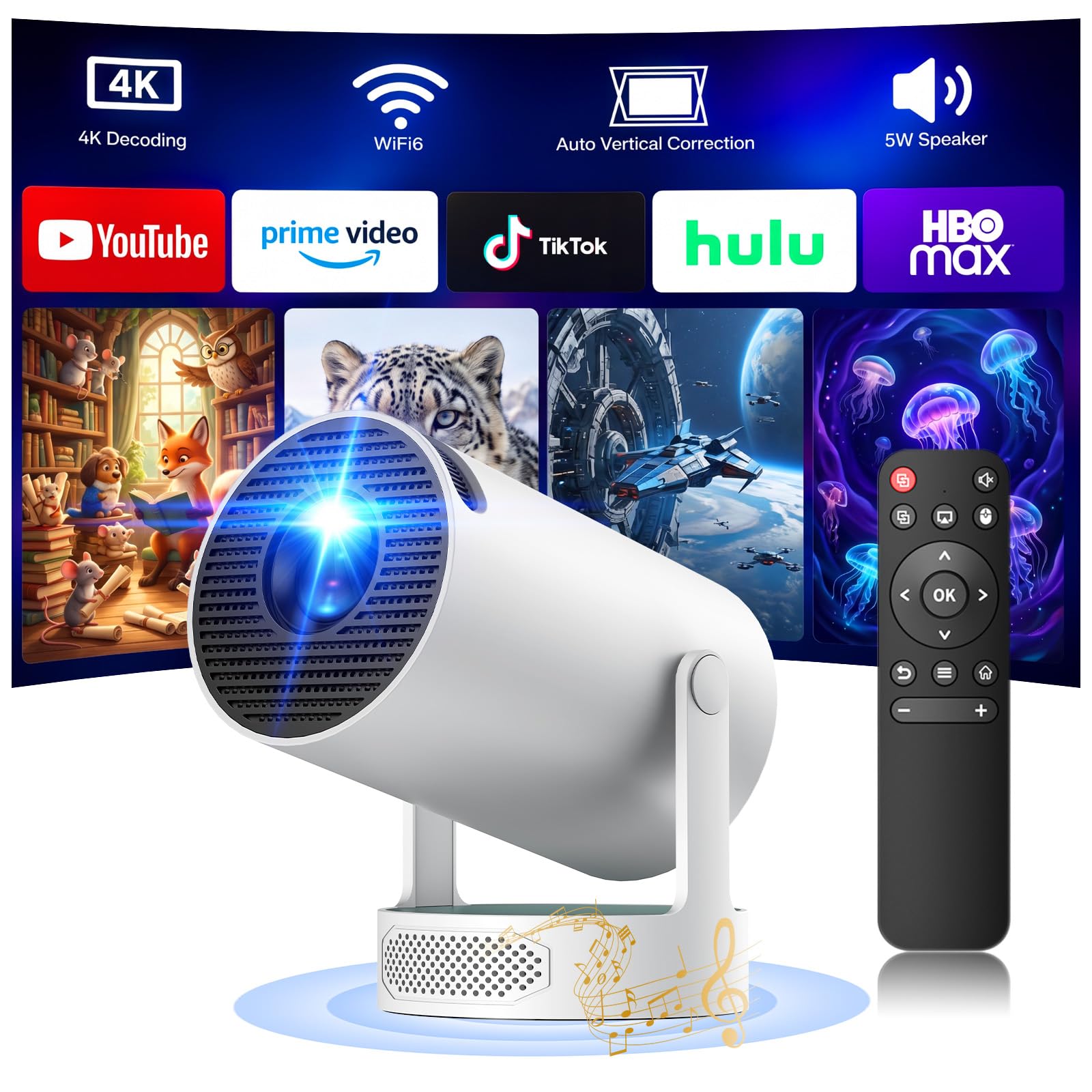 Mini Beamer Projektor 1080P 4K mit Lautsprecher, WiFi 6 Bluetooth 5.0, 220° Rotation, Tragbar für Heimkino, Outdoor, Camping – Smartphone Verbindung, Keystone-Korrektur, Kurzstreckenprojektor