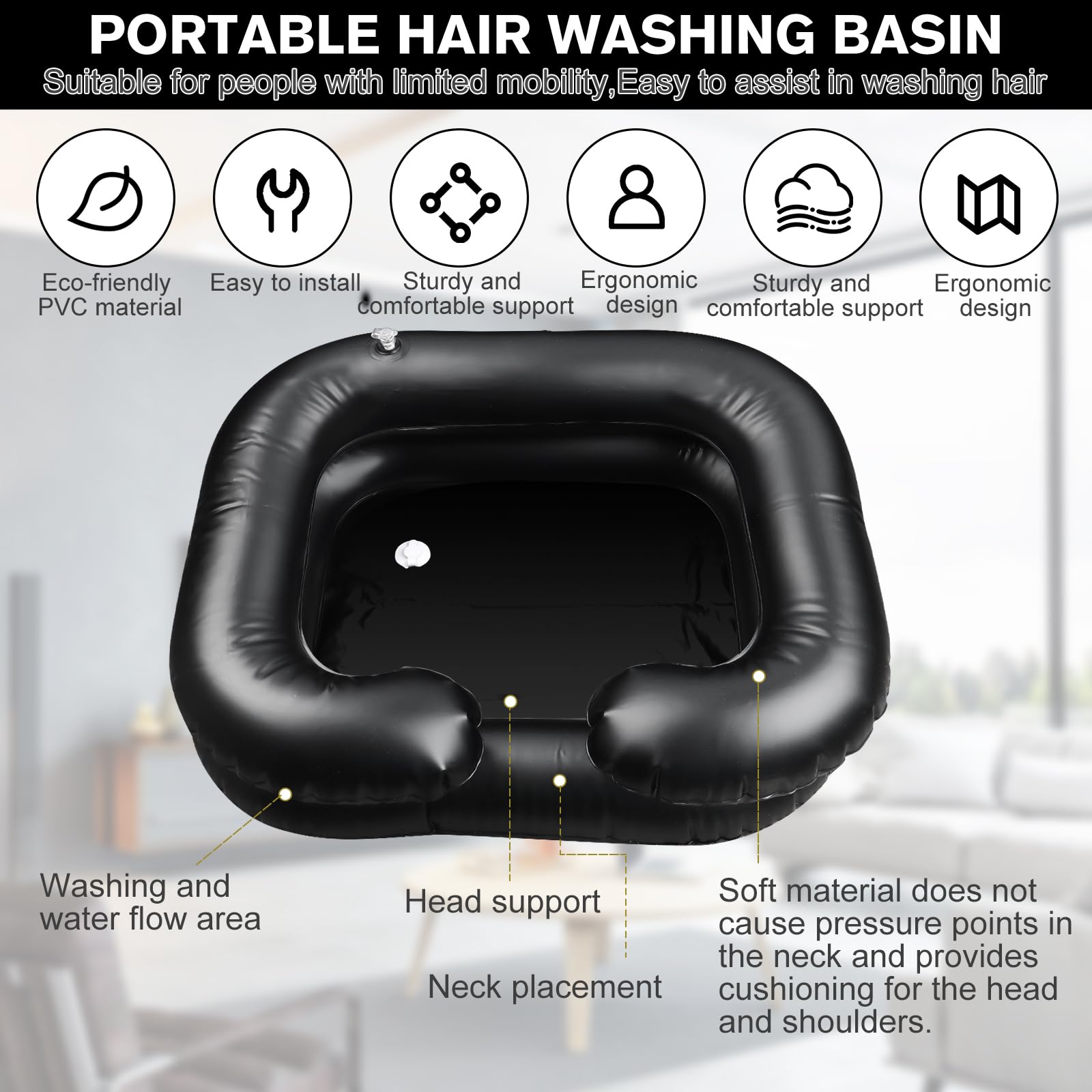 Aufblasbares Haarwaschbecken Für Bettlägerige,Haare Waschen Für Bettlägerige, Tragbares Aufblasbar Mobiles Waschbecken mit Ablaufschlauch, Friseur Shampoo Becken - 60 * 55 * 22cm Schwarz