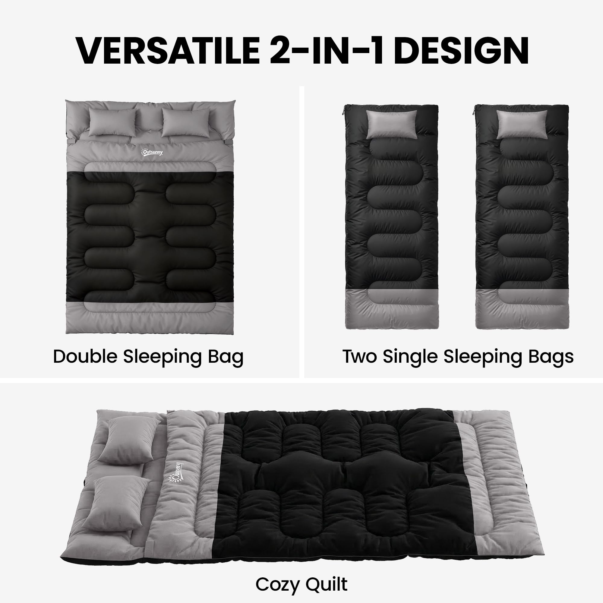 Outsunny Double Sleeping Bag with 2 Pillows, 220 x 160 cm Extra-Large Sleeping Bag for Adults, Detachable into Two Singles or Quilts, for Camping, Hiking — view 3