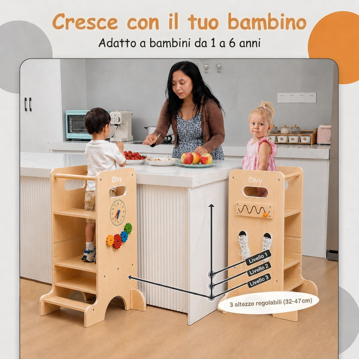 Olvy Kids 4-in-1 Montessori Torretta Apprendimento - Learning Tower - Scaletta Legno - Scaletta Bambini 4 Gradini - Torre Cucina Bambini
