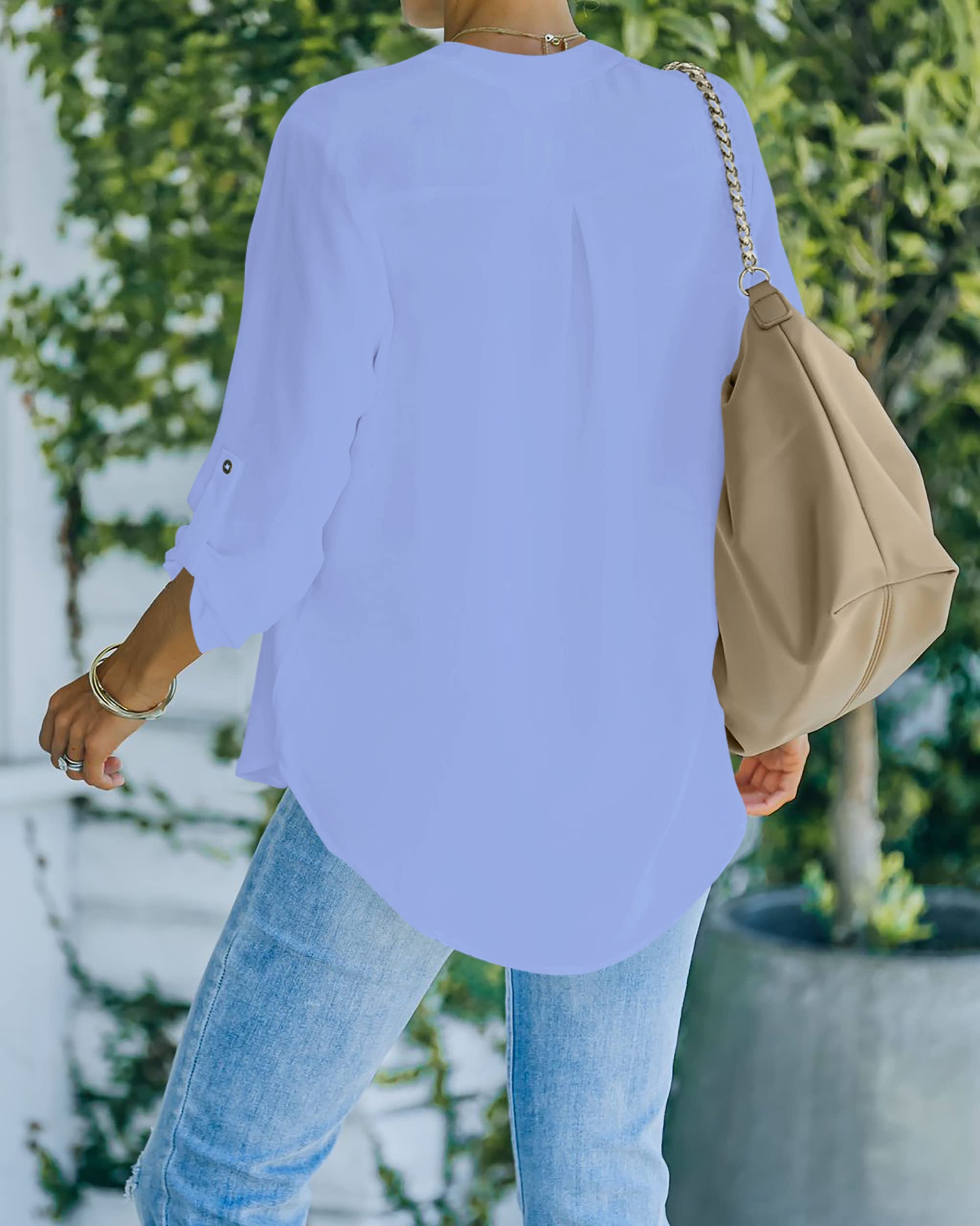 NONSAR Camicetta da donna Henley, elegante, con scollo a V, maniche arrotolabili, in stile casual