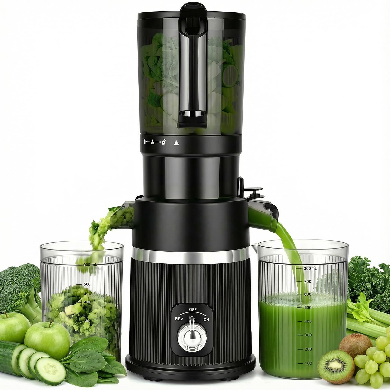 Extracteur de jus 200W,Extracteur de jus de Fruits et Légumes avec Fonction Inverse,Grande Ouverture de 112mm Slow Juicer,Capacité 1.7L,2 Récipients,Pour Fruits & Légumes Entiers,Sans BPA,Noir