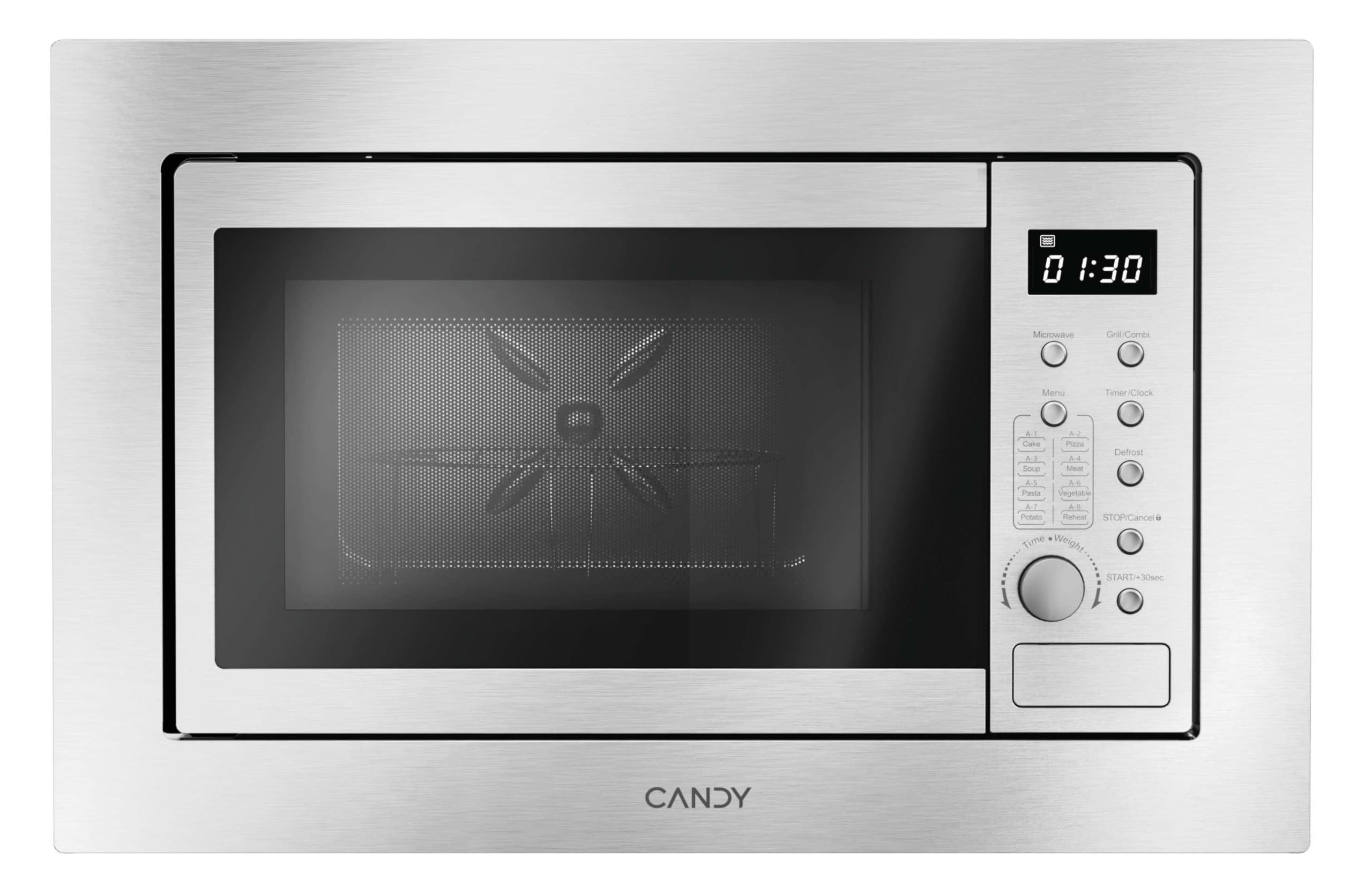 Candy CA38F7N20XXW Microondas con Grill, 20L, 800W - 1000W, Mando Giratorio y Botones, 8 automenús, Bloqueo Infantil, Plato 27 CM, Display Digital, Descongelación, Apertura Izquierda, Inox