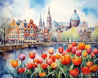 Amsterdam Holland The Netherlands Watercolor, Europe,Tulips, Wall Art Print Home Decoration | UNFRAMED (8x10)
