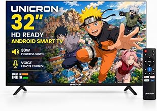 UNICRON 32 Inch Android Smart TV, Voice Control Remote HD Ready LED Television with WiFi, 30W Sound with Premium Frameless Design, Built in Apps TE