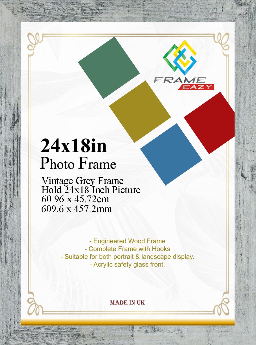 Modern Vintage Grey Frame 24 x 18 Inch (60.96 x 45.72) Large Picture Poster Frames with Safe Clear Perspex Front & Wall Mounting - Vintage Grey 18 x 24 Premium Wall Photo Frames