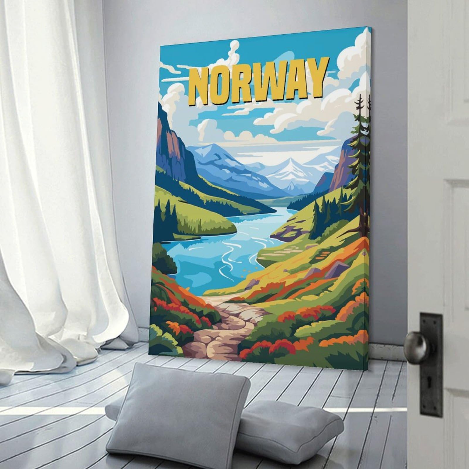 Junmoney Norway Landscape Canvas Wall Picture, 24x36inch(60x90cm), for Sofa Walls, Lounge Or Home Corners, Modern Wall Decor for Cosy Interiors