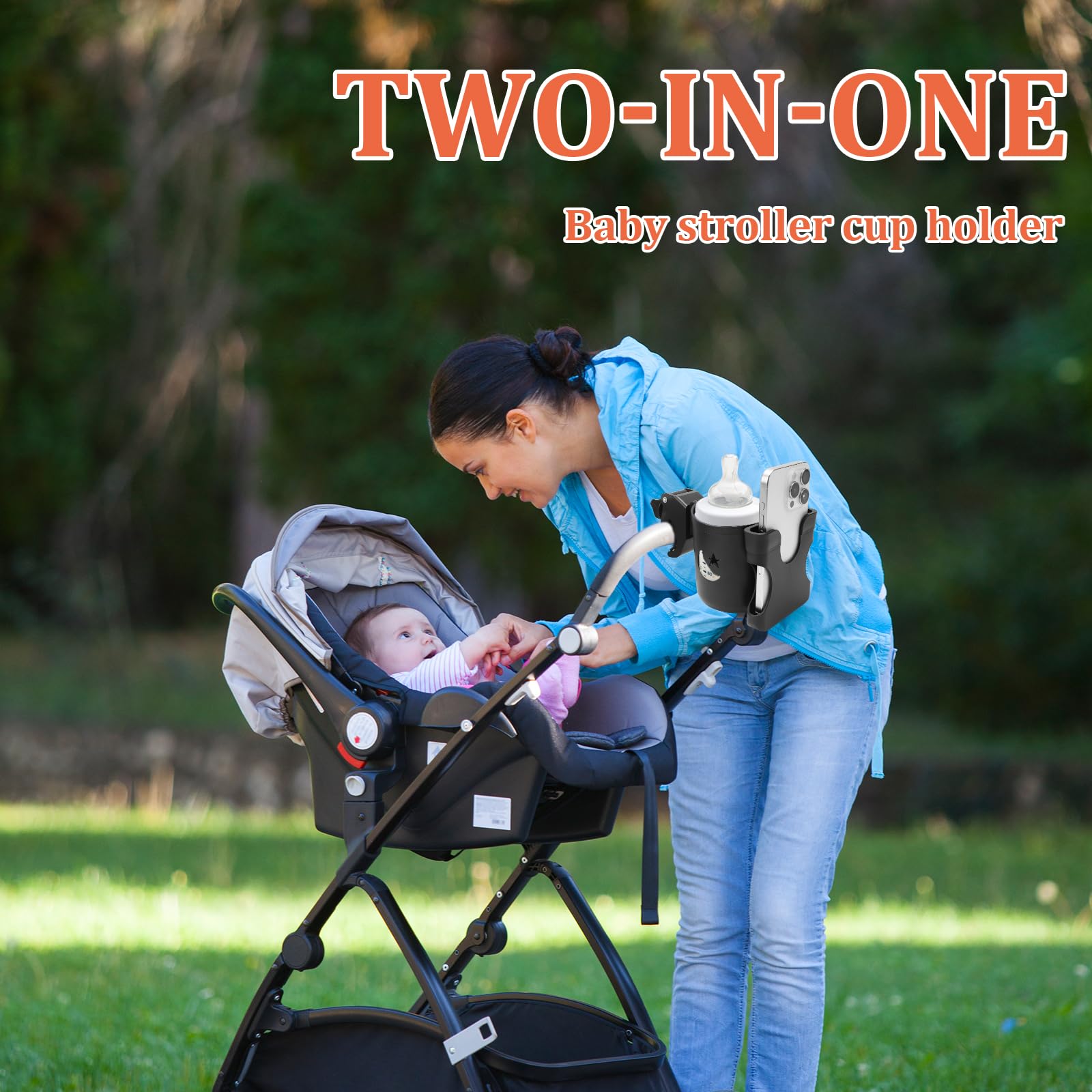 Soporte para bebidas del cochecito de bebé con funda para móvil Universal 2 en 1 Soporte para vasos Soporte para café Soporte para bebidas con 2 ganchos para cochecito de bebé, bicicletas