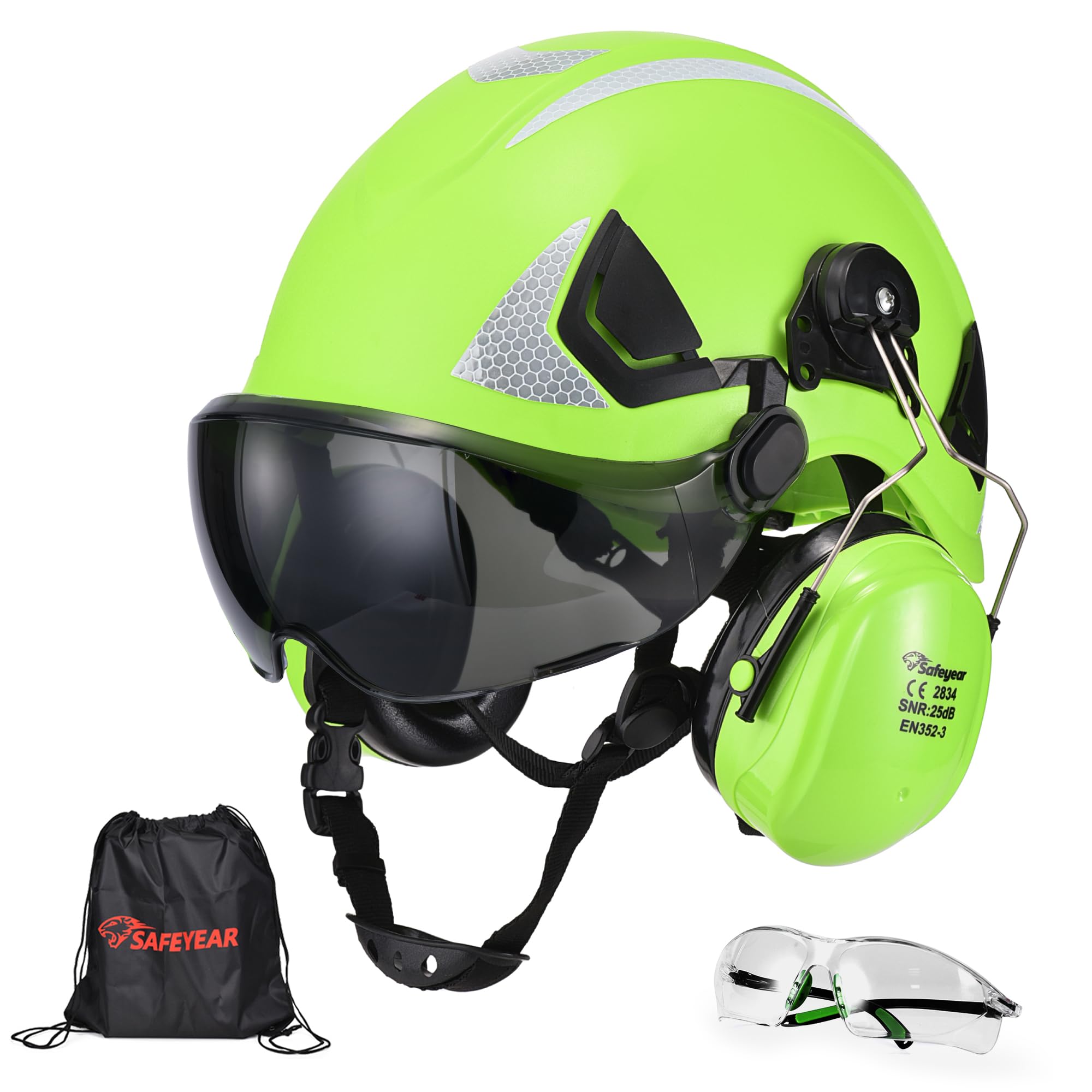 SAFEYEAR Hard Hat with Visor & Ear Defenders, ABS Safety Helmet EN397, Adjustable Hard Hats Construction for Men, Industrial Construction Helmet with Face Shield for Building, Forestry & Work