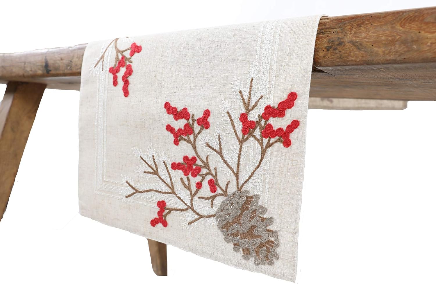 Manor Luxe Christmas Pine Cone Crewel Embroidered Table Runner 16 by 36-Inch