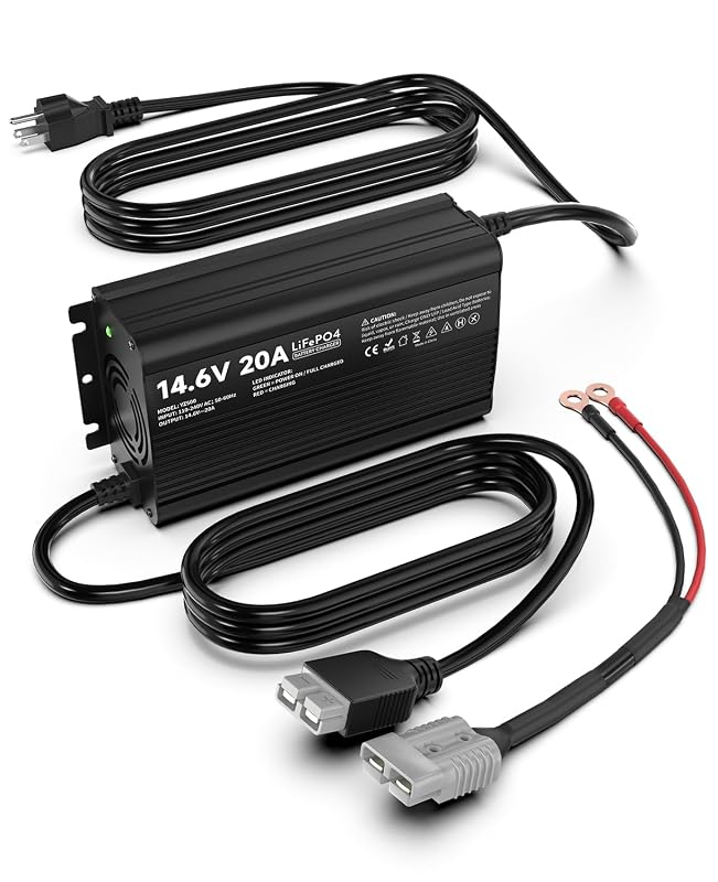 Carregador de Bateria 12 V 20 A, Saída 14,6 V para LiFePO4 e Chumbo-Ácido com Conector SB50 Compatível com Anderson YZPOWER