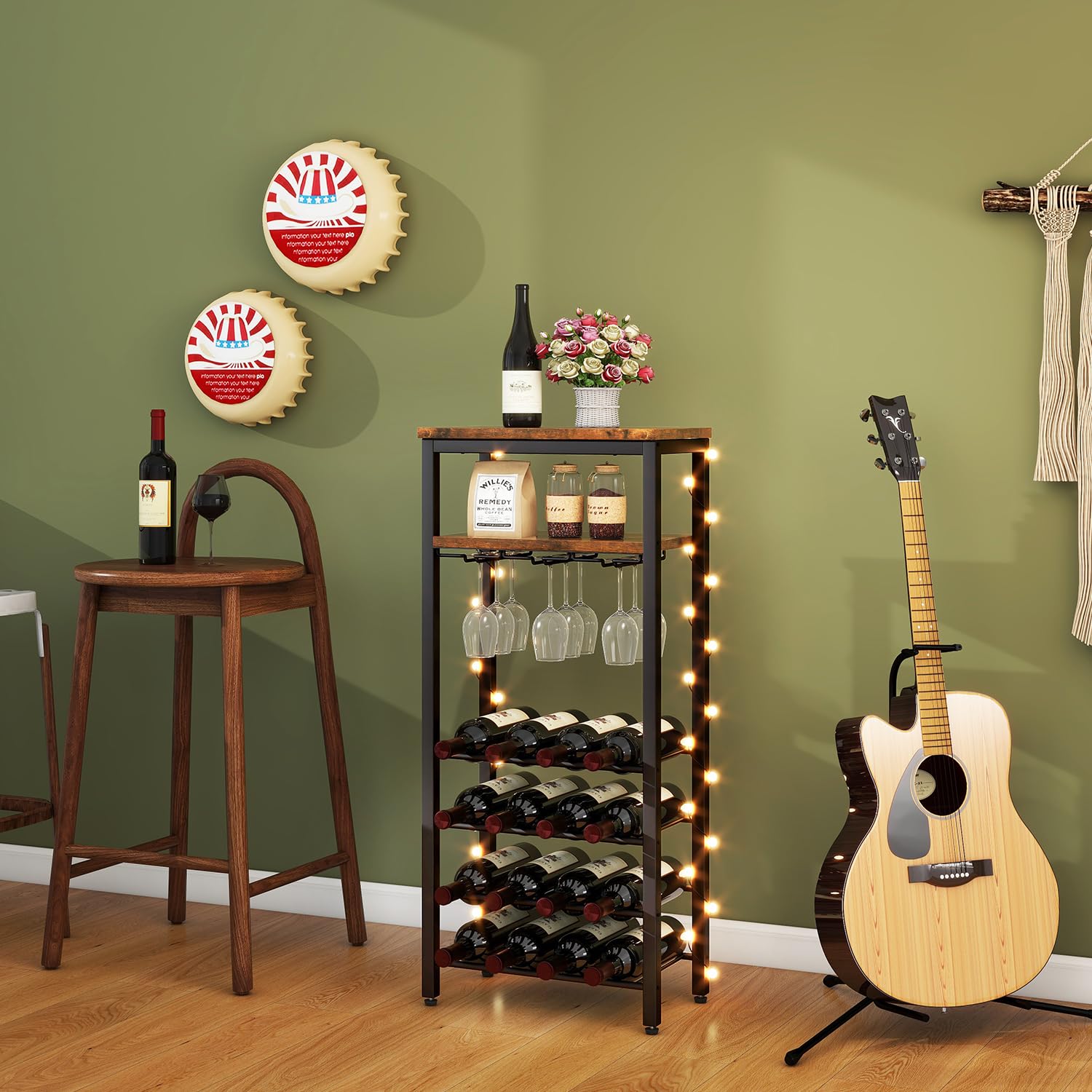Estantes de vino independientes para piso, soporte para botellas de licor, gabinete de vino para 16 botellas con soporte para vidrio, soporte para vino, mini mesa de bar de vino para sala de 7