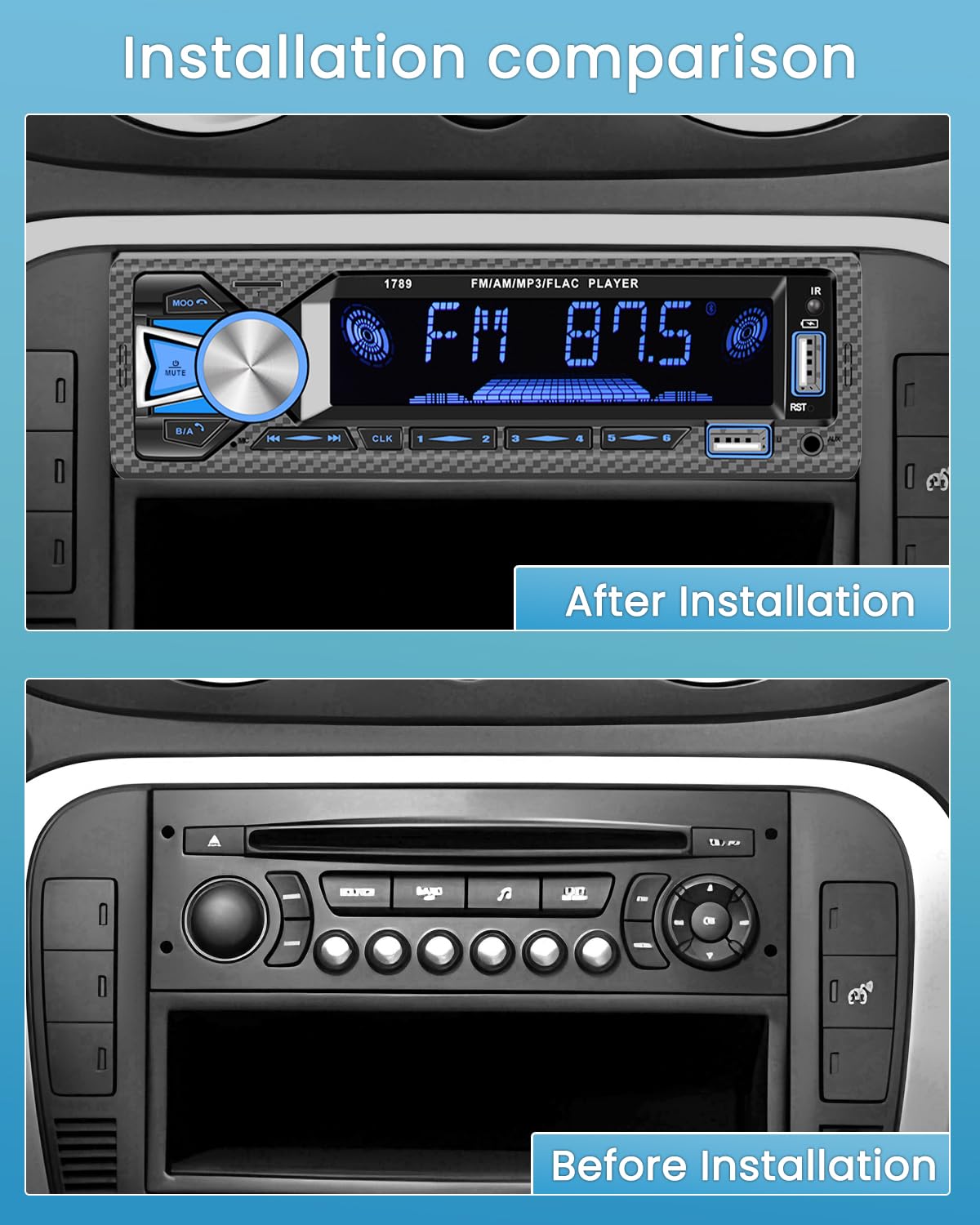 Hikity 1Din Autoradio mit Bluetooth Freisprecheinrichtung, Dualer BT Anschluss, MP3/FM Player mit SD/AUX/2USB und Fernbedienung/7 Farben, 4x60W Verstärker