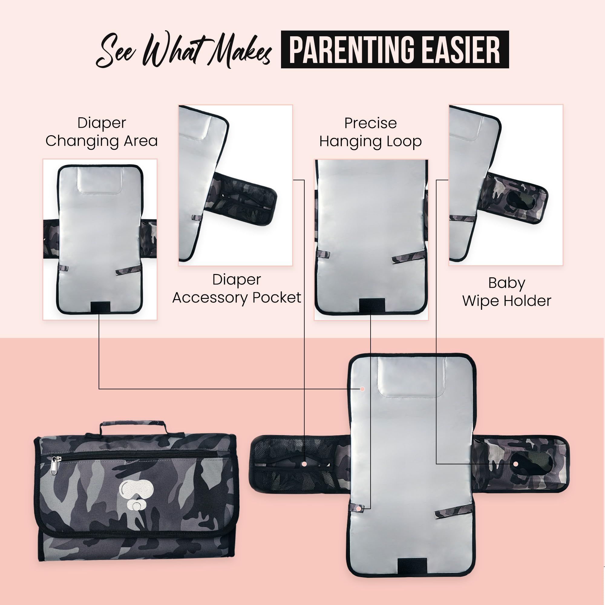 Cambiador de pañales portátil de camuflaje negro y gris, tapete cambiador de bebé compacto para padres diarios y de viaje