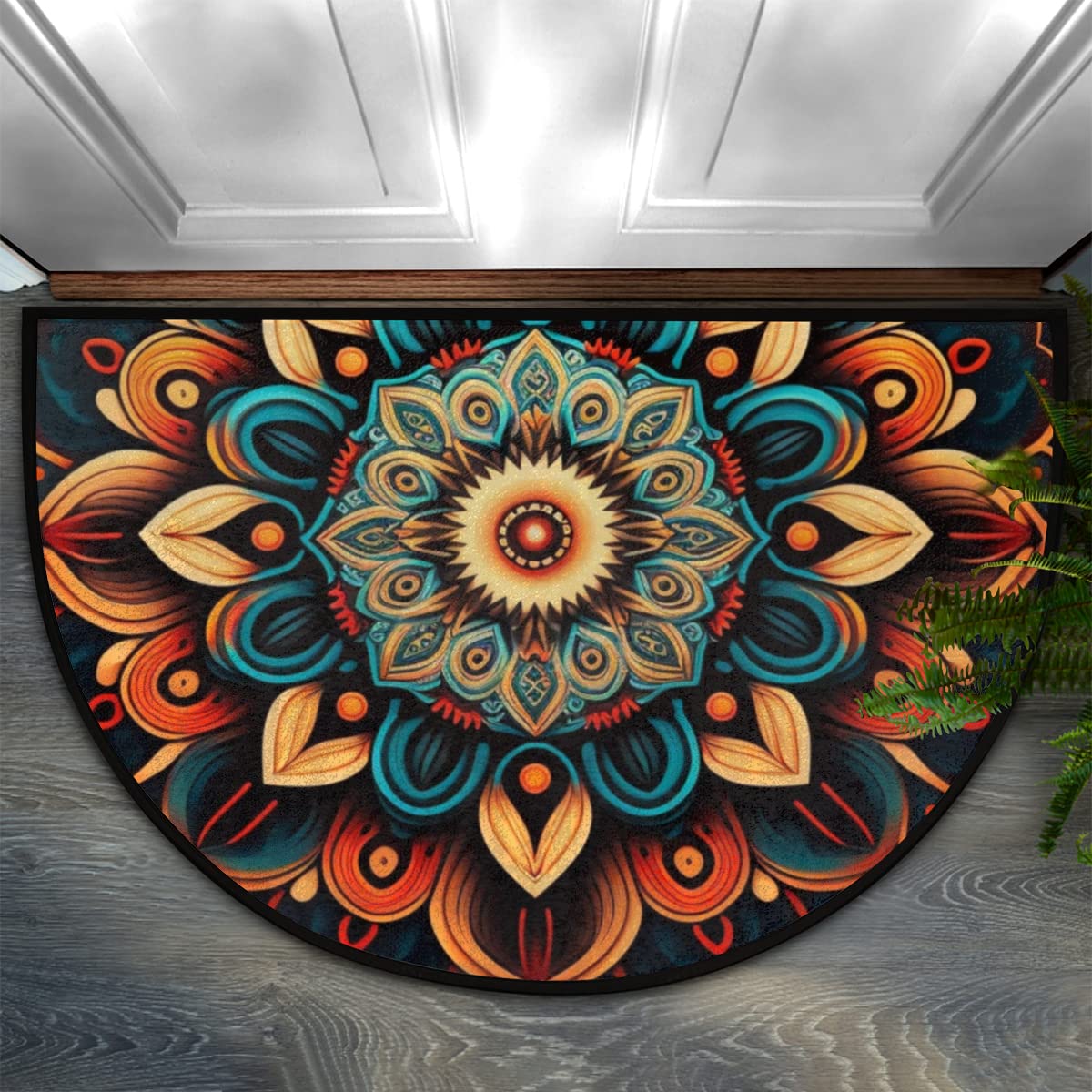 Pardick Boho Flower Half Round Doormat Ethnic Floral Semi Circle Area Rug Non Slip Indoor Outdoor Entrance Half Moon Rug Absorbent Durable Washable