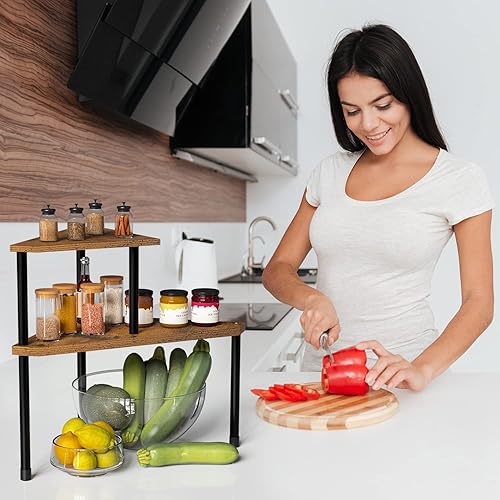 Vista 33 de Weenson Organizador de baño, estante esquinero para encimera, 2 niveles, organizador de especias de bambú, organizador de encimera de cocina