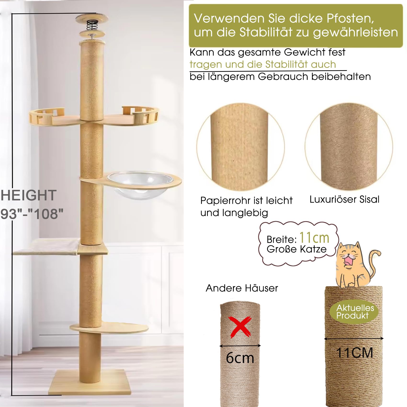 Arbre à Chat du Sol au Plafond, Hauteur réglable (240-245 cm, 265-275 cm), avec