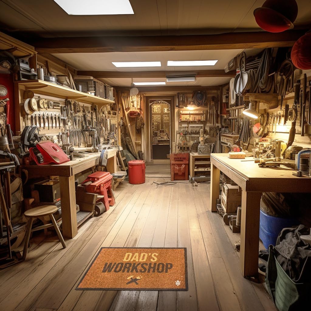 28” x 19” Dad’s Workshop Washable Indoor Mat with Rubber Backing, Large Funny Door Mat for Entryway, Workshops, Man Caves, Bars, Non-Slip Mat, Washable Entryway Rug, Pet Friendly, Brown