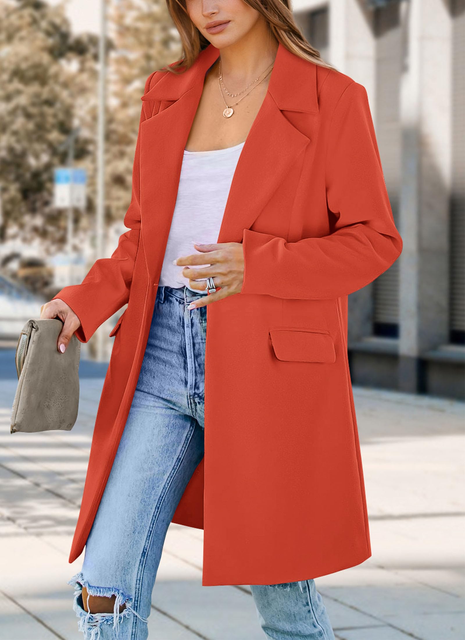 PRETTYGARDEN Women's Business Casual Long Blazer Jackets(Orange Red,S) view 3
