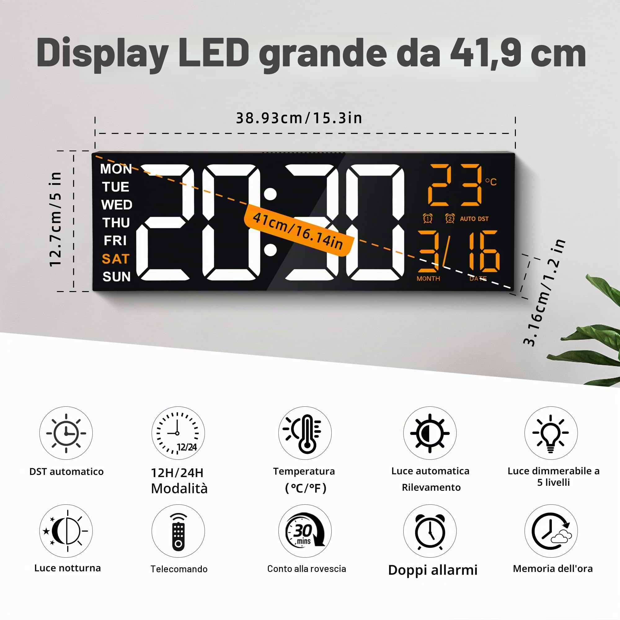 Maxstar 16 "Orologio da parete digitale grande con display LED e telecomando a 8 RGB,rumori allarmi doppi,DST,temperatura,data,luce notturna per camera da letto/ufficio/soggiorno/palestra/sala giochi