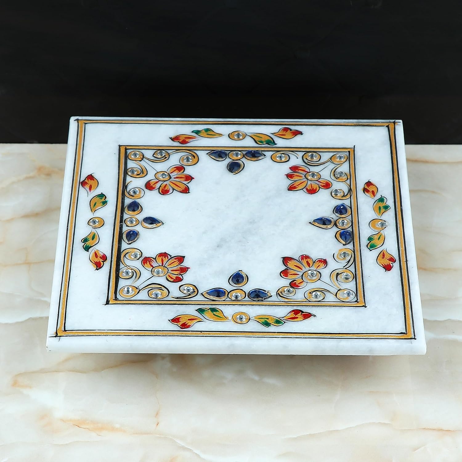 Artyog Meena Work Marble Chowki (15.3 cm x 15.3 cm x 3.8 cm) (Multicolour)