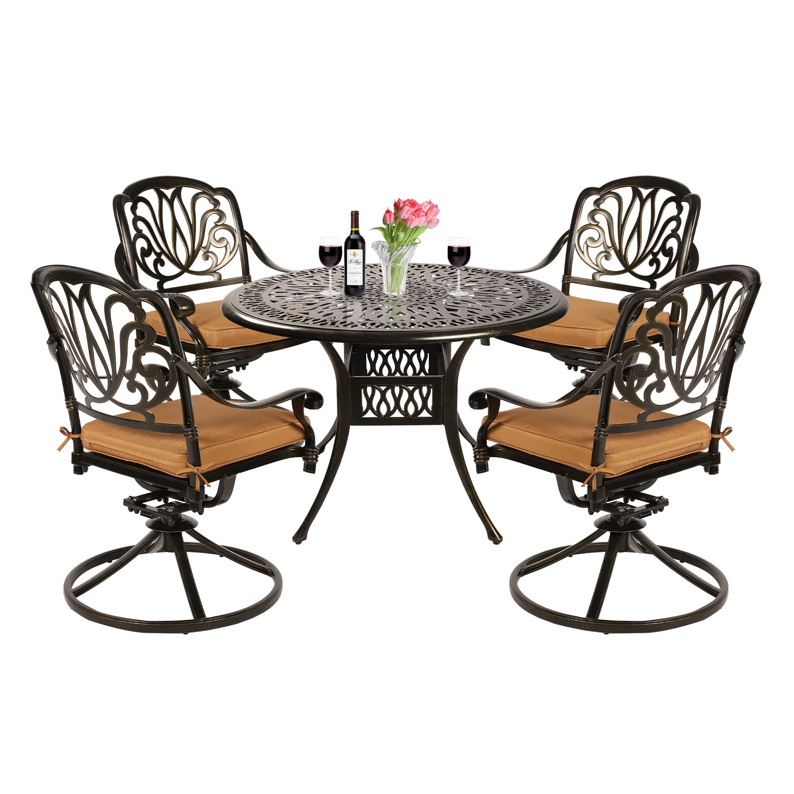VIVIJASON 5-Piece Outdoor Patio Dining Set, All-Weather Cast Aluminum Conversation Set, Patio Furniture Set for Balcony Lawn Garden, Include 4 Swivel Dining Chairs, a 35.4" Round Table w/Umbrella Hole