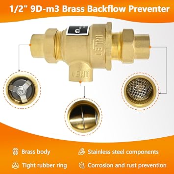 1/2 9D-M3 Dual Check Valve Backflow Preventer, Brass Backflow Preventer
