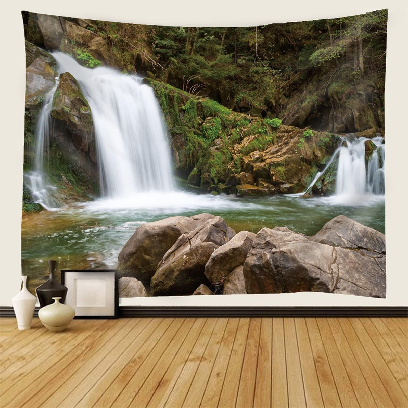 Homxi Tapiz Decorativo Sofá 240 x 220 CM,Paisaje de Cascada y Piedras Tapices Decorativos Sofa Poliester Marrón Blanco