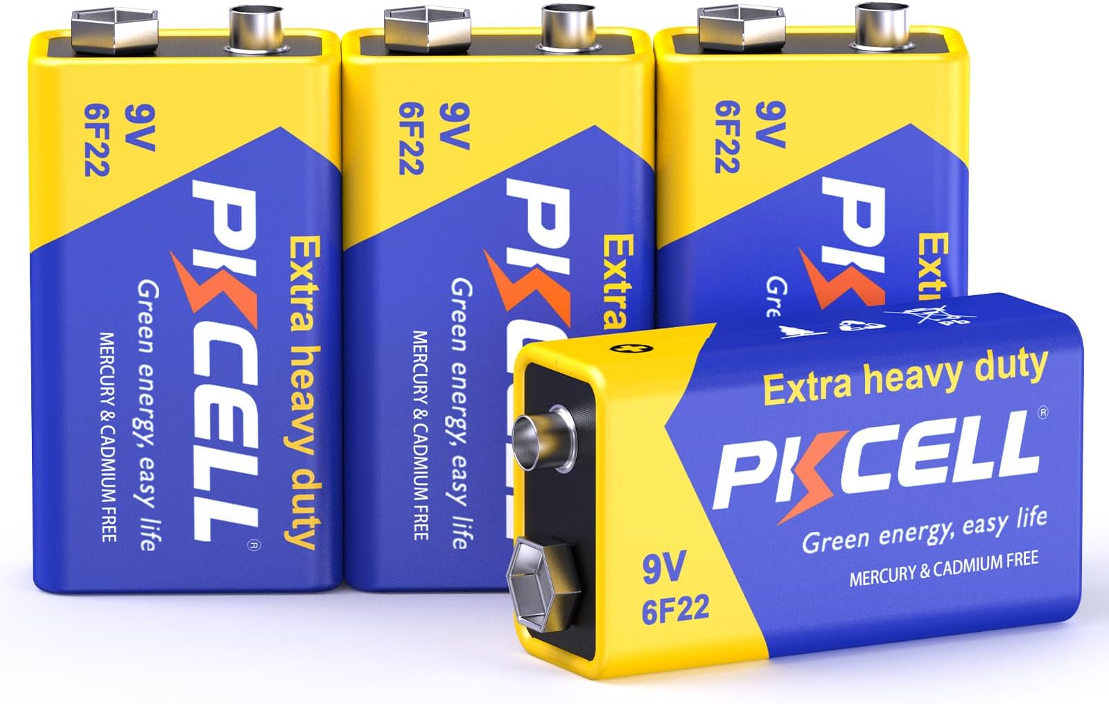 PKCELL Battery 6F22/PP3 (4 Pack) -9 Volt Square Batteries for Smoke Alarm | Fire Detector, Long-Lasting, Multimeter & Remote Control Car - 0% Plastic Packaging - 3-Year Storage