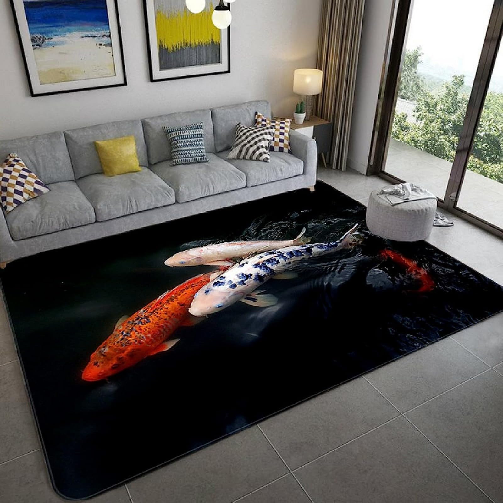 Tapis moelleux pour salon motif poisson avec envers antidérapant