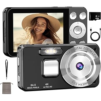 4K Digital Camera 64MP Auto Focus and 18X Digital Zoom 2.8 Inch Large Screen with 32GB Card Selfie and Vlog Camera Webcam Function
