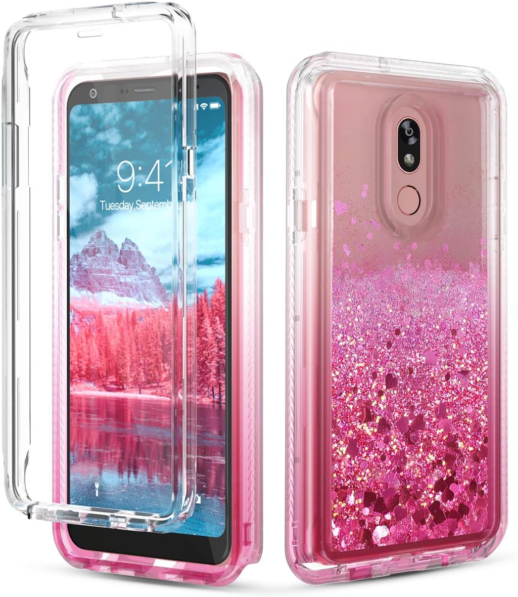 Dexnor Compatible with LG Stylo 5 Case with Built in Screen Protector Clear Glitter Bling Quicksand Rugged Silicone Hard 3D Dual Layer Hybrid Defender Bumper for Girl Women Pink