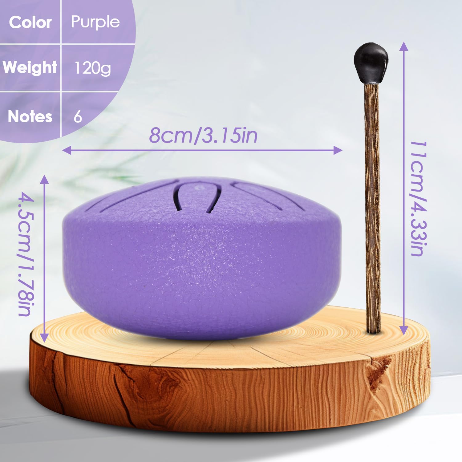 Tambour en Acier Langue 6 Pouces 8 Notes Tambour à Main Tambour à Disque Percussions Avec Livre De Musique Baguette Méditation Yoga Divertissement Musique Education Bagage à Main (Violet)