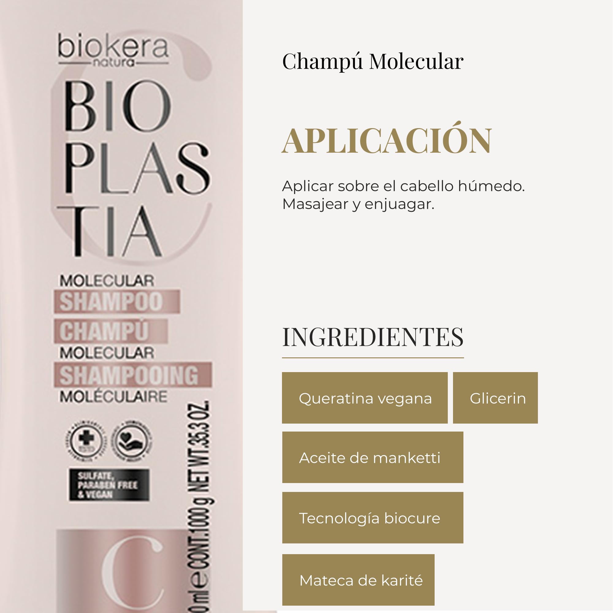 SALERM - Champú Molecular - Biokera Bioplastia - 1000 ml - Champú sin Sulfatos ni Parabenos - Queratina Vegana - Revitaliza Fibra Capilar y Equilibra el Ph Tras Alisado - Cabello sin Encrespamiento